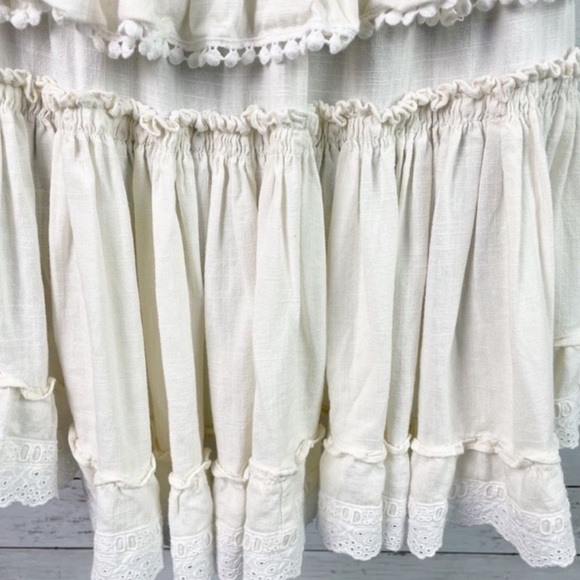 MISA Los Angeles Linen Popover Ruffle Tiered Mini Dress in Ivory Cream S - Picture 9 of 10